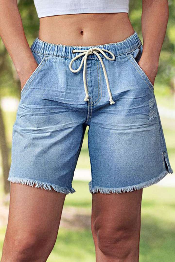 Raw Hem Ripped Split Detail Drawstring Mid Waist Denim Mid Thigh Shorts