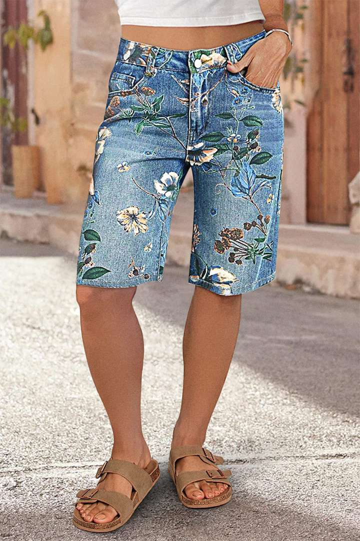 Floral Print High Rise Straight Leg Denim Bermuda Shorts