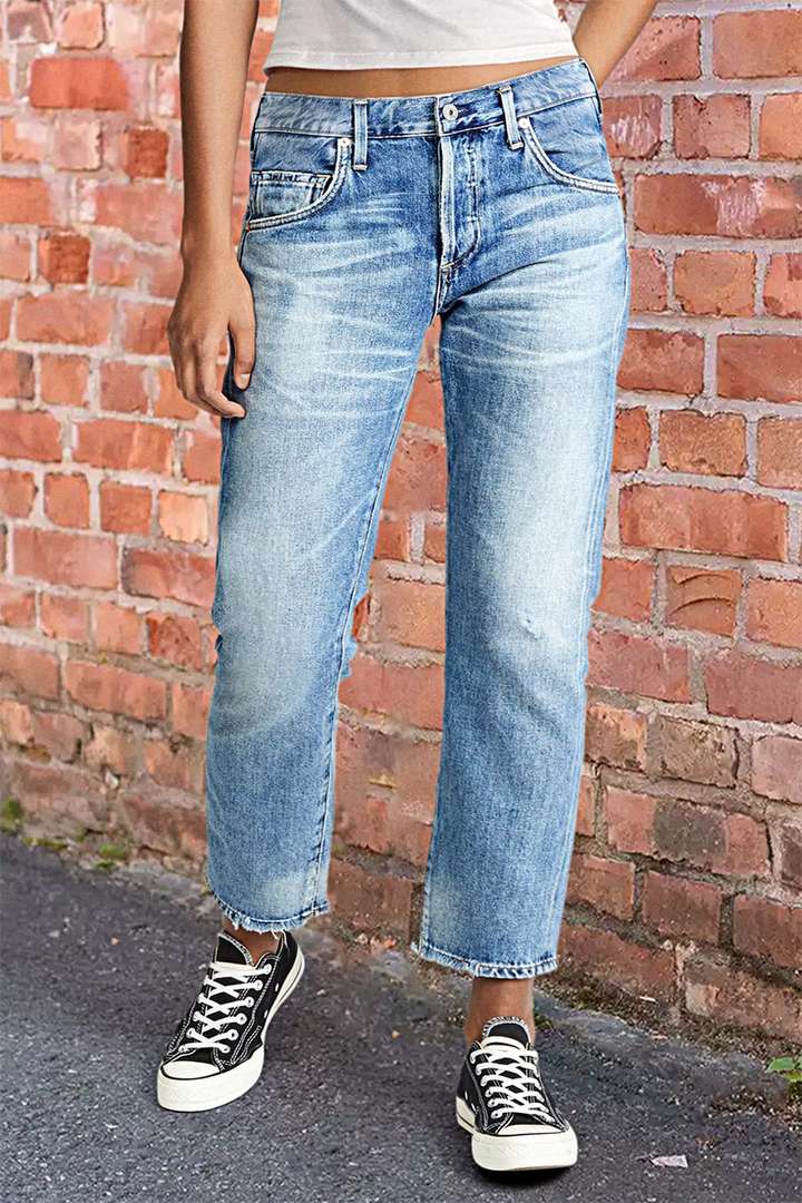 Wash Raw Hem High Rise Straight Leg Crop Jeans