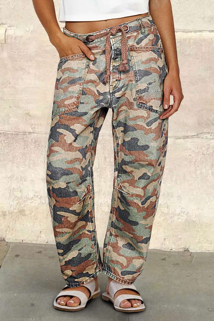 Camo Print Drawstring Patch Pocket Mid Waist Straight Leg Pants