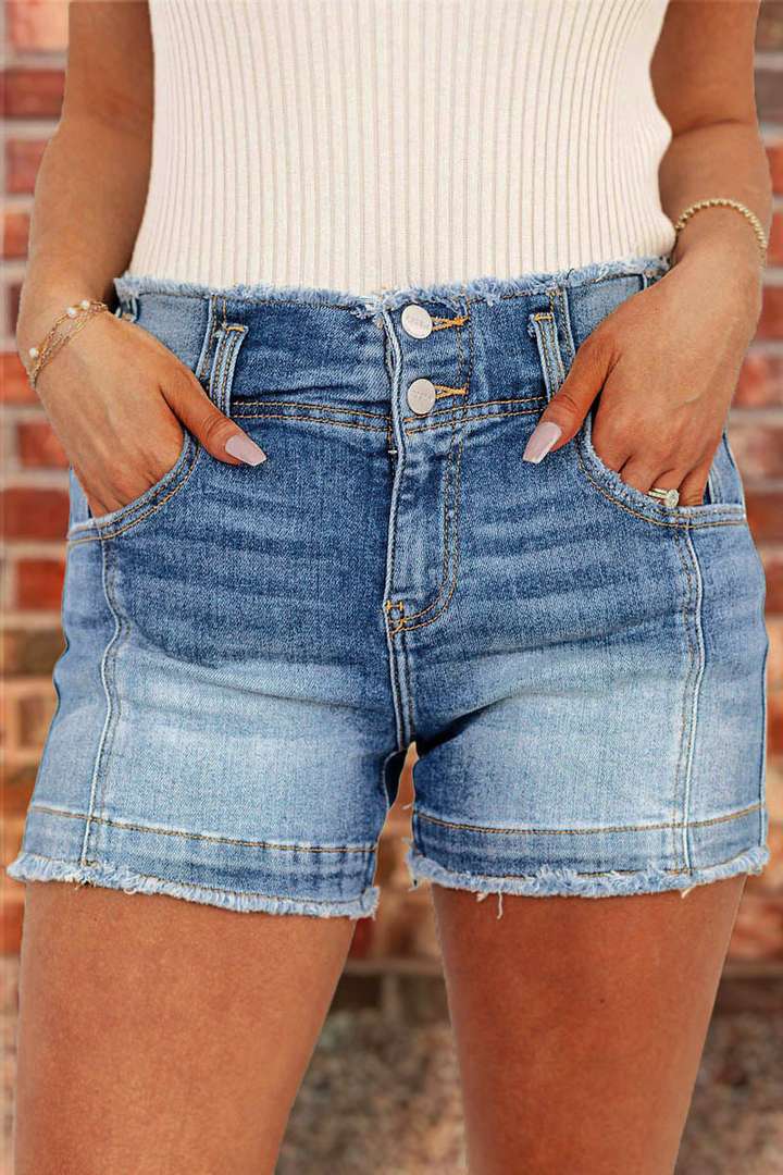 Raw Trim Ripped Dual Button High Waist Denim Shorts
