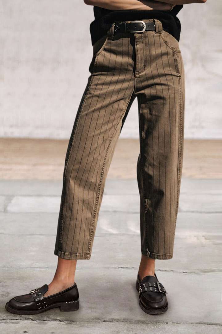 Pinstriped Mid Waist Straight Leg Crop Pants Without Belt