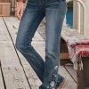 Washed Floral Embroidery Stretchy Mid Waist Bootcut Jeans