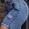 Ripped Raw Hem High Waist Denim Mid Thigh Shorts