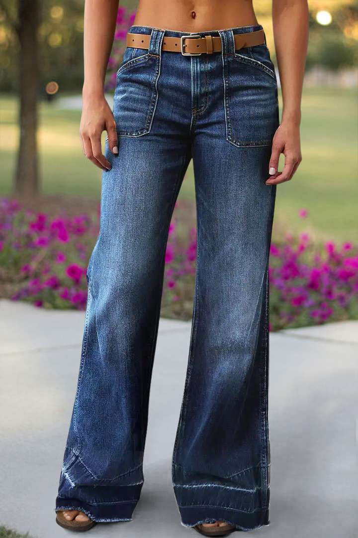 Wash Stitch Detail Raw Hem Mid Waist Wide Leg Jeans Without Belt
