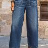 Wash Stitch Detail Raw Hem Crop Wide Leg Mid Rise Jeans