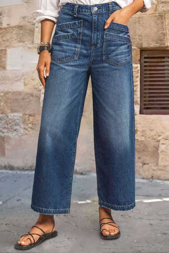 Wash Stitch Detail Raw Hem Crop Wide Leg Mid Rise Jeans